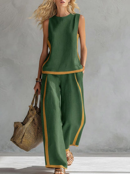 Sleeveless Color-Block Wide-Leg Pants
