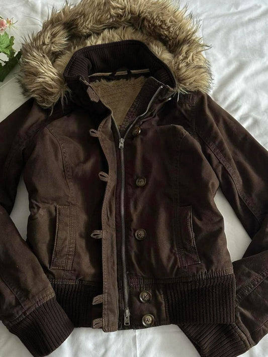 Vintage Hooded Fur Collar Jacket
